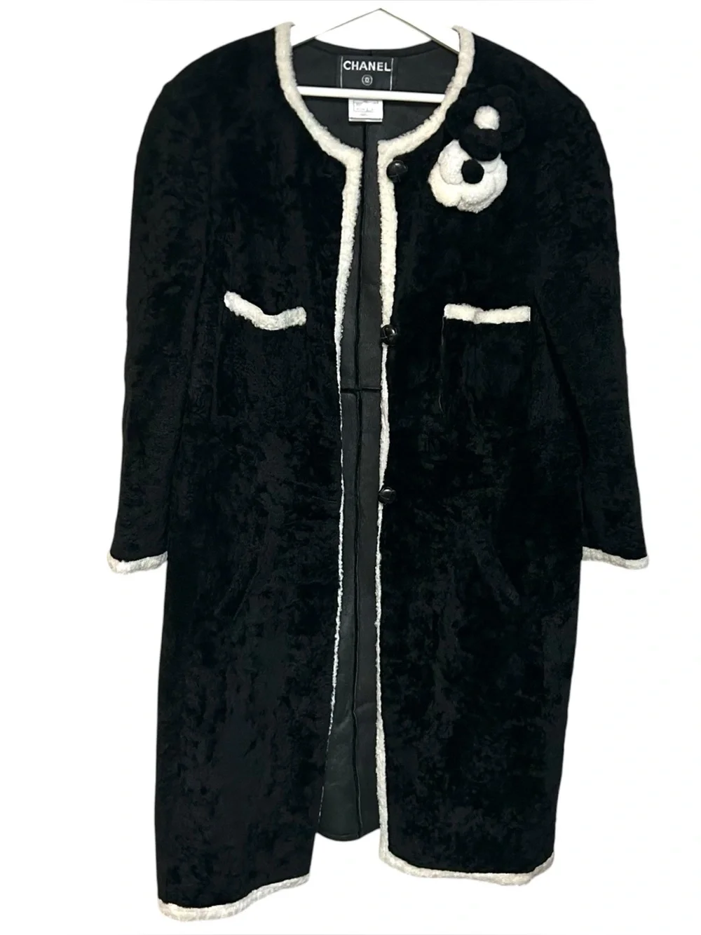 Chanel 48 shearling button coat camellia fur‎ brooches RARE VINTAGE A03